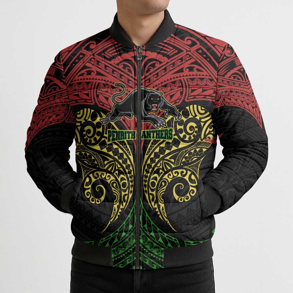 Personalized Penrith Panthers Bomber Puffer Jacket Polynesian Tribal Pattern Style