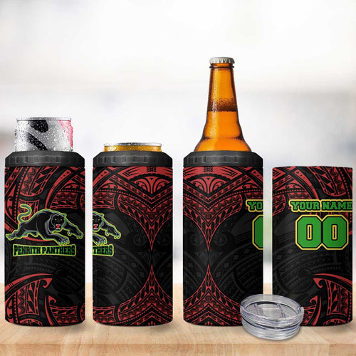 Personalized Penrith Panthers 4 in 1 Can Cooler Tumbler Polynesian Tribal Pattern Style