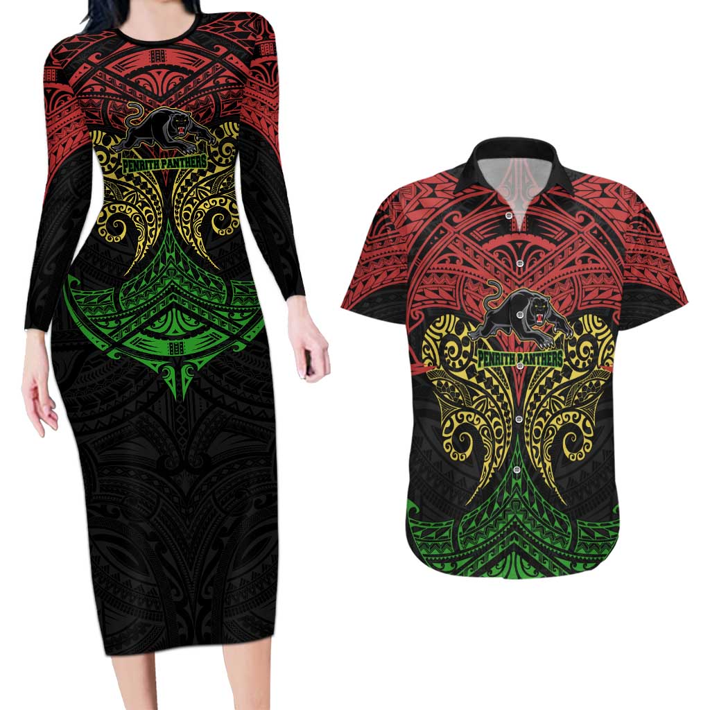 Personalized Penrith Panthers Couples Matching Long Sleeve Bodycon Dress and Hawaiian Shirt Polynesian Tribal Pattern Style