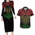 Personalized Penrith Panthers Couples Matching Long Sleeve Bodycon Dress and Hawaiian Shirt Polynesian Tribal Pattern Style