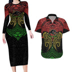 Personalized Penrith Panthers Couples Matching Long Sleeve Bodycon Dress and Hawaiian Shirt Polynesian Tribal Pattern Style