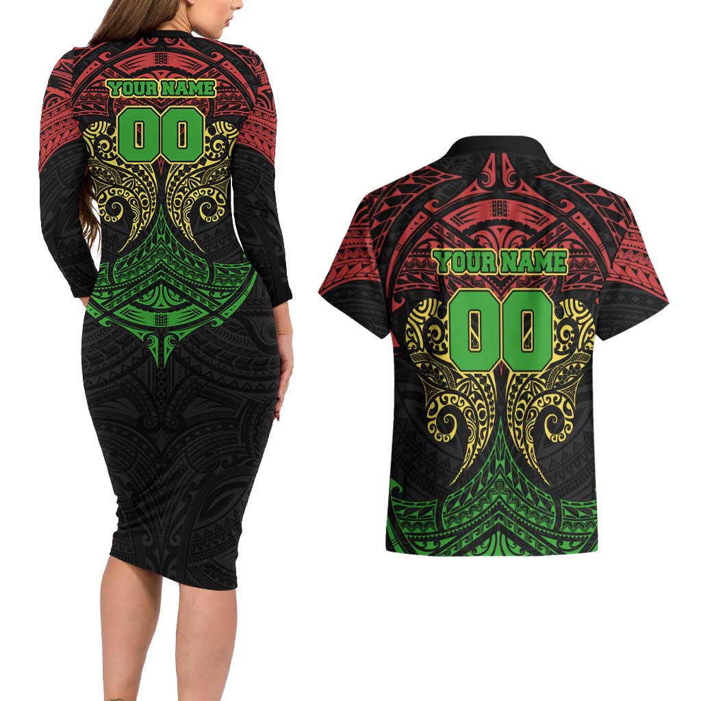 Personalized Penrith Panthers Couples Matching Long Sleeve Bodycon Dress and Hawaiian Shirt Polynesian Tribal Pattern Style