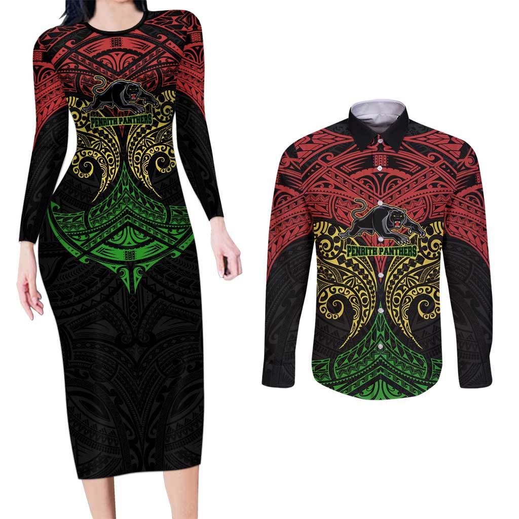 Personalized Penrith Panthers Couples Matching Long Sleeve Bodycon Dress and Long Sleeve Button Shirt Polynesian Tribal Pattern Style