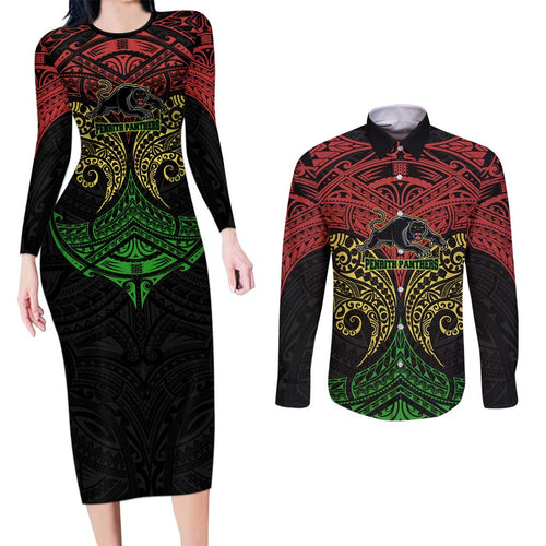 Personalized Penrith Panthers Couples Matching Long Sleeve Bodycon Dress and Long Sleeve Button Shirt Polynesian Tribal Pattern Style