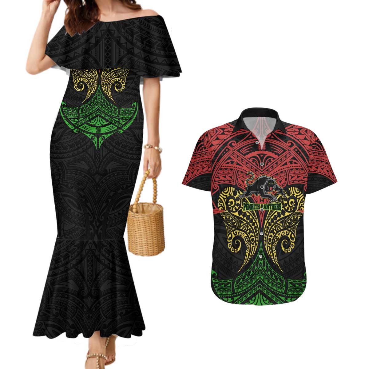 Personalized Penrith Panthers Couples Matching Mermaid Dress and Hawaiian Shirt Polynesian Tribal Pattern Style