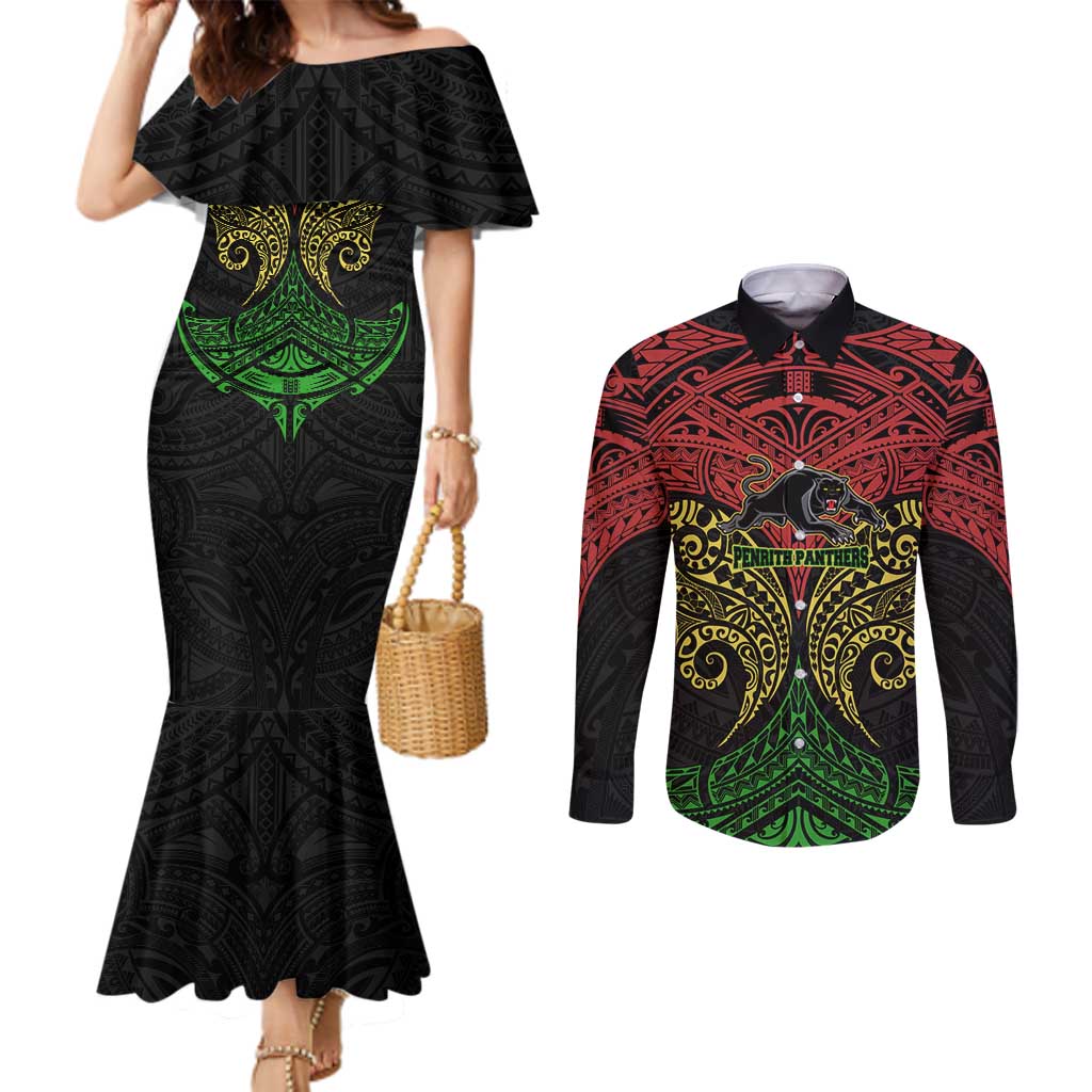 Personalized Penrith Panthers Couples Matching Mermaid Dress and Long Sleeve Button Shirt Polynesian Tribal Pattern Style