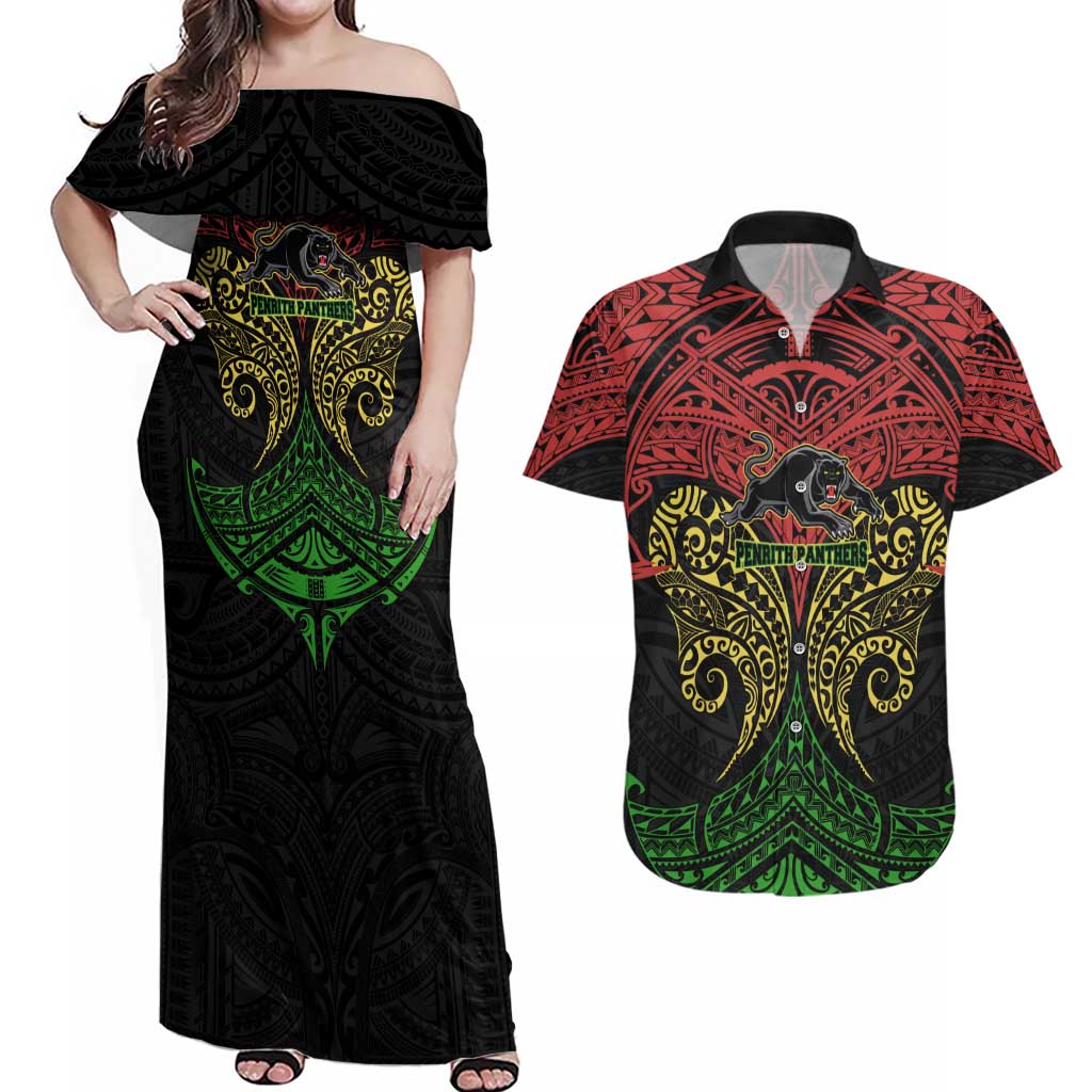 Personalized Penrith Panthers Couples Matching Off Shoulder Maxi Dress and Hawaiian Shirt Polynesian Tribal Pattern Style