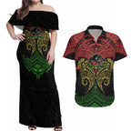 Personalized Penrith Panthers Couples Matching Off Shoulder Maxi Dress and Hawaiian Shirt Polynesian Tribal Pattern Style