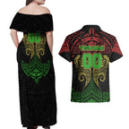 Personalized Penrith Panthers Couples Matching Off Shoulder Maxi Dress and Hawaiian Shirt Polynesian Tribal Pattern Style