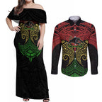 Personalized Penrith Panthers Couples Matching Off Shoulder Maxi Dress and Long Sleeve Button Shirt Polynesian Tribal Pattern Style