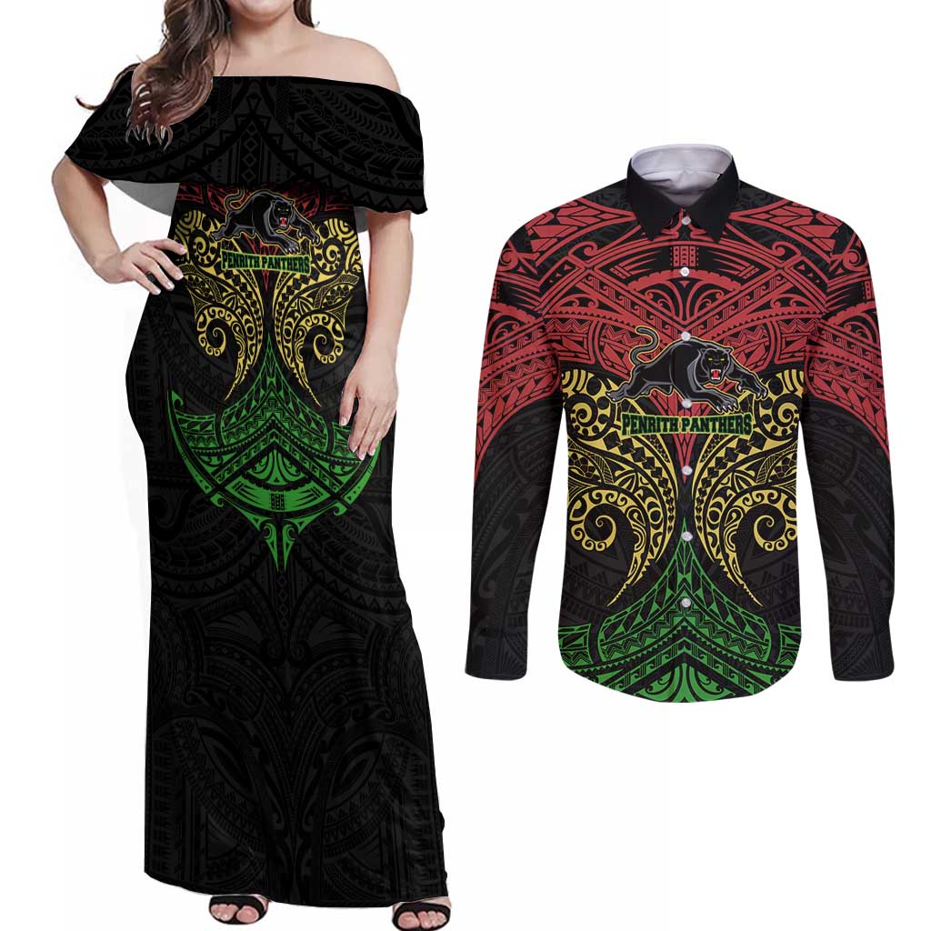 Personalized Penrith Panthers Couples Matching Off Shoulder Maxi Dress and Long Sleeve Button Shirt Polynesian Tribal Pattern Style