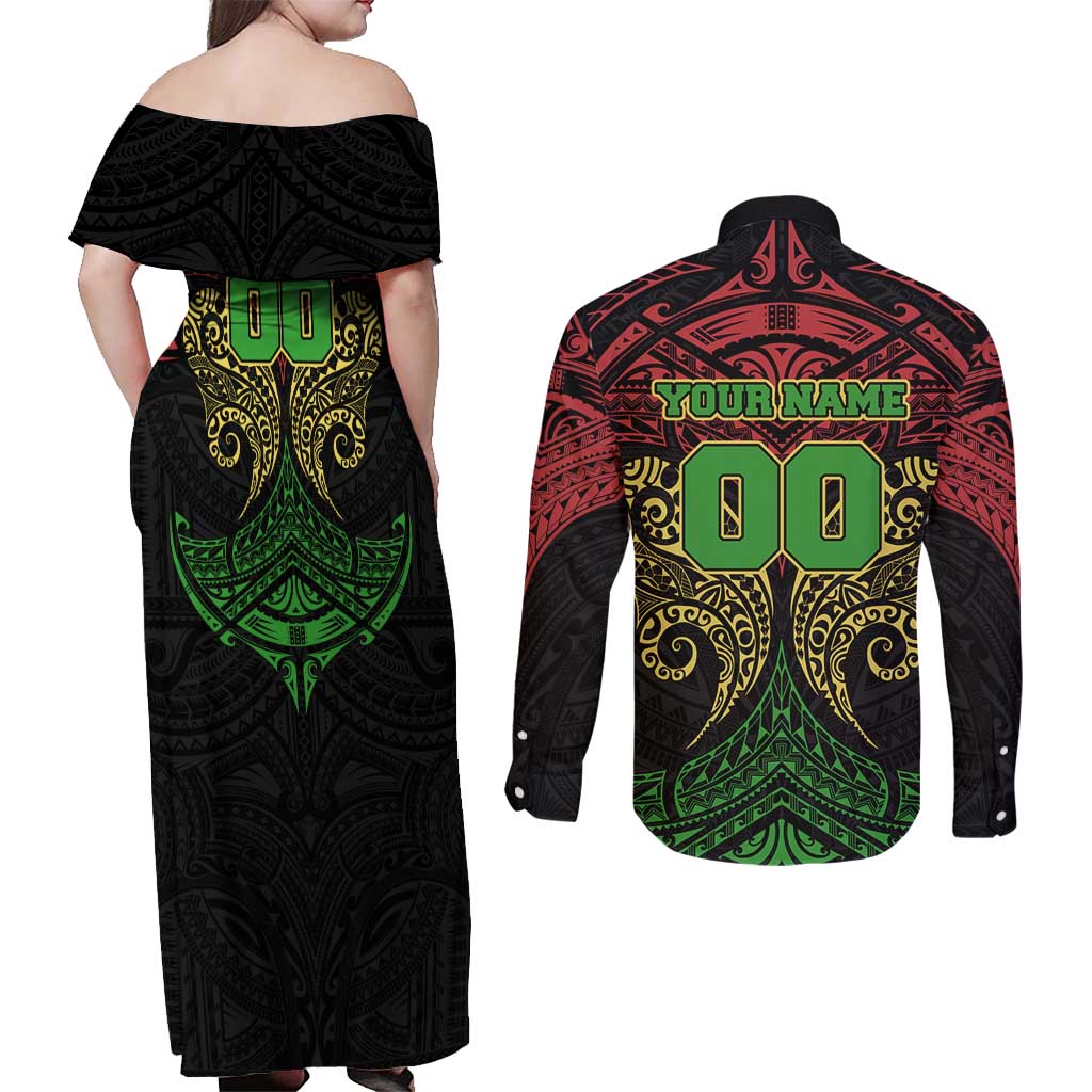 Personalized Penrith Panthers Couples Matching Off Shoulder Maxi Dress and Long Sleeve Button Shirt Polynesian Tribal Pattern Style