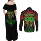 Personalized Penrith Panthers Couples Matching Off Shoulder Maxi Dress and Long Sleeve Button Shirt Polynesian Tribal Pattern Style