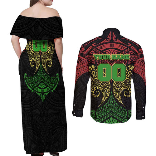 Personalized Penrith Panthers Couples Matching Off Shoulder Maxi Dress and Long Sleeve Button Shirt Polynesian Tribal Pattern Style