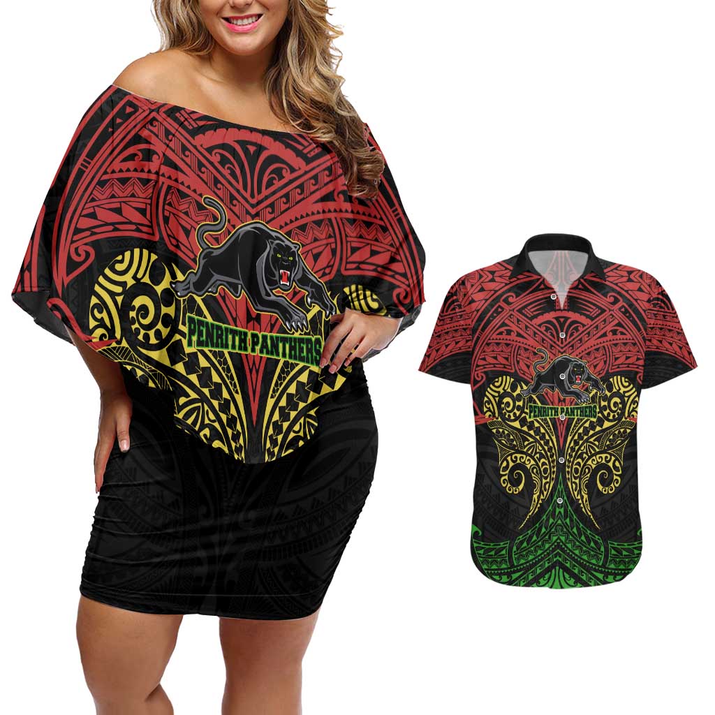 Personalized Penrith Panthers Couples Matching Off Shoulder Short Dress and Hawaiian Shirt Polynesian Tribal Pattern Style