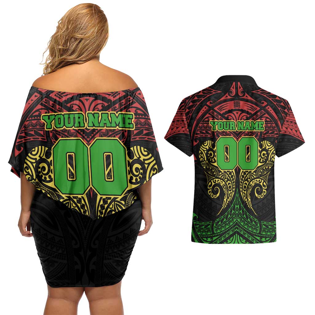 Personalized Penrith Panthers Couples Matching Off Shoulder Short Dress and Hawaiian Shirt Polynesian Tribal Pattern Style