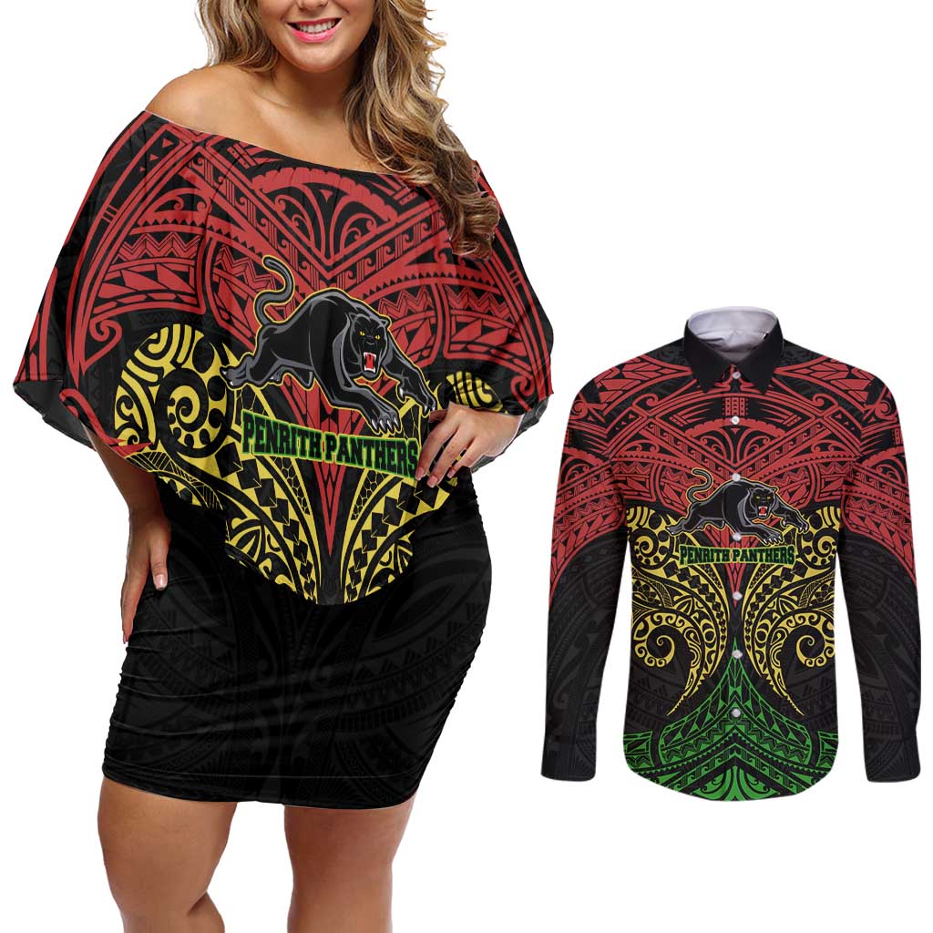 Personalized Penrith Panthers Couples Matching Off Shoulder Short Dress and Long Sleeve Button Shirt Polynesian Tribal Pattern Style