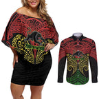 Personalized Penrith Panthers Couples Matching Off Shoulder Short Dress and Long Sleeve Button Shirt Polynesian Tribal Pattern Style