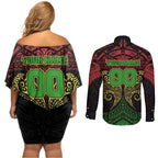 Personalized Penrith Panthers Couples Matching Off Shoulder Short Dress and Long Sleeve Button Shirt Polynesian Tribal Pattern Style