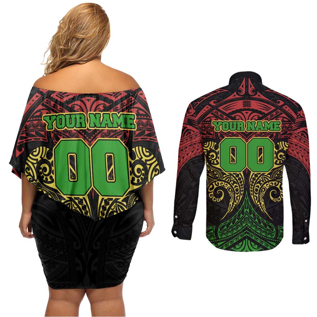 Personalized Penrith Panthers Couples Matching Off Shoulder Short Dress and Long Sleeve Button Shirt Polynesian Tribal Pattern Style