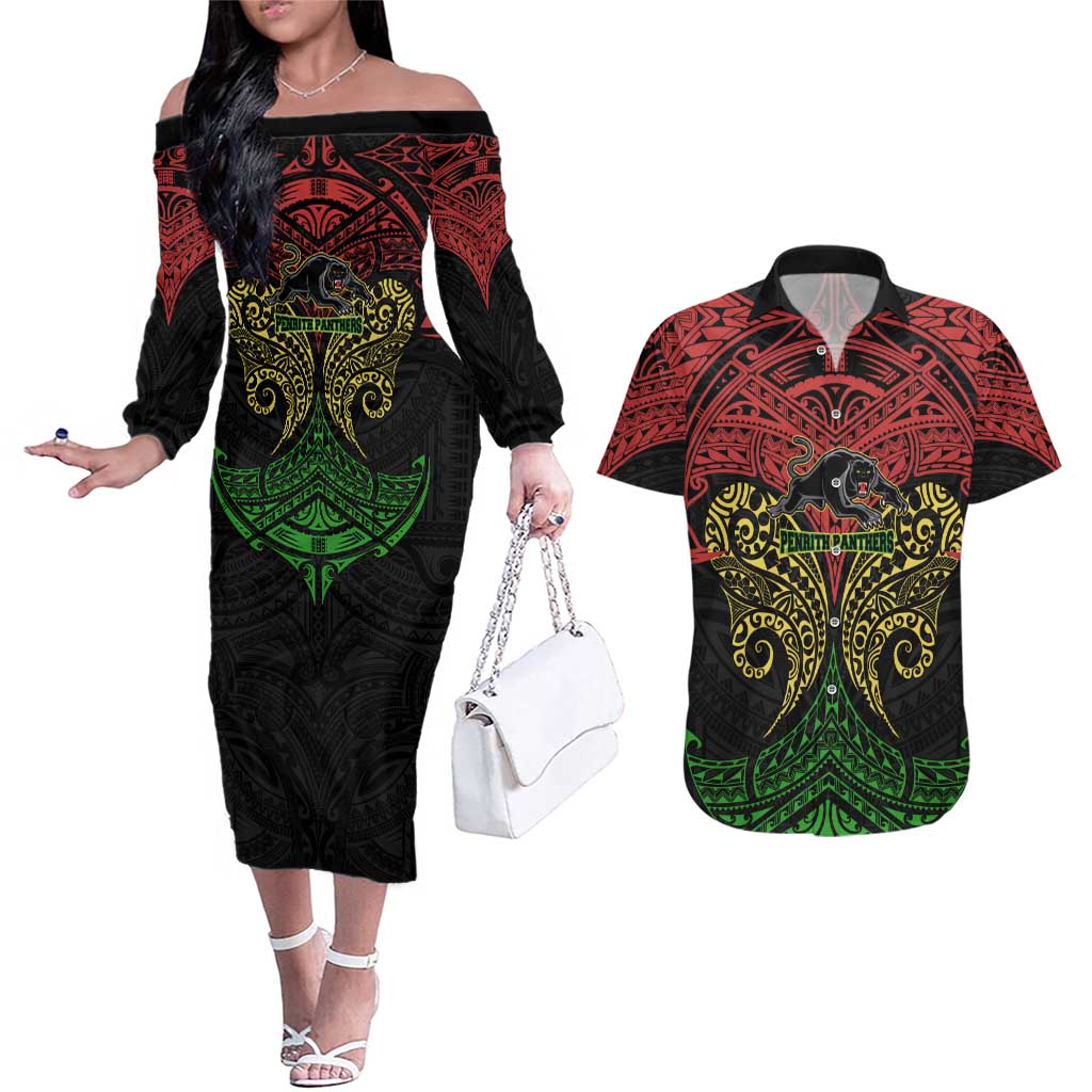 Personalized Penrith Panthers Couples Matching Off The Shoulder Long Sleeve Dress and Hawaiian Shirt Polynesian Tribal Pattern Style