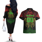 Personalized Penrith Panthers Couples Matching Off The Shoulder Long Sleeve Dress and Hawaiian Shirt Polynesian Tribal Pattern Style