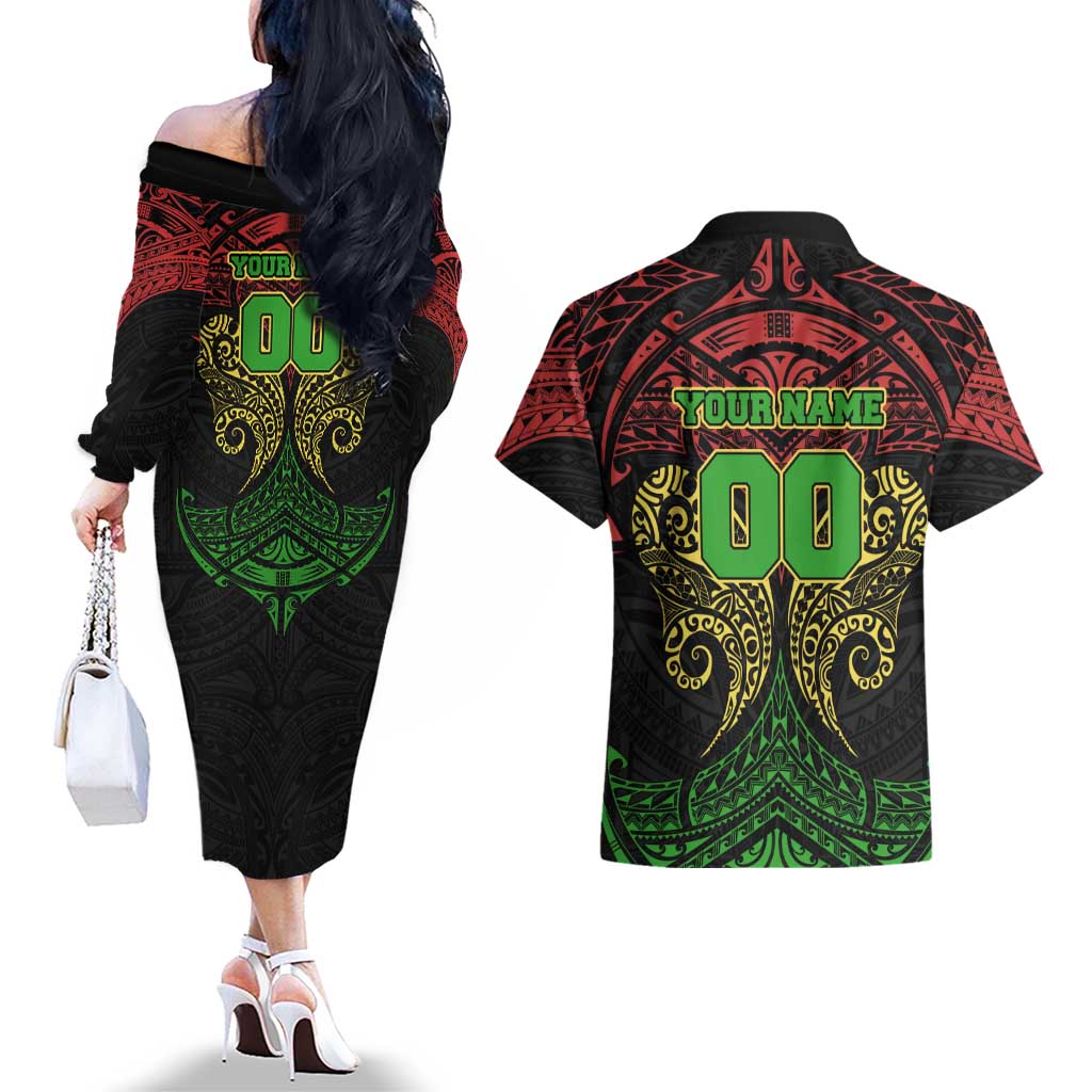 Personalized Penrith Panthers Couples Matching Off The Shoulder Long Sleeve Dress and Hawaiian Shirt Polynesian Tribal Pattern Style