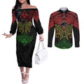 Personalized Penrith Panthers Couples Matching Off The Shoulder Long Sleeve Dress and Long Sleeve Button Shirt Polynesian Tribal Pattern Style