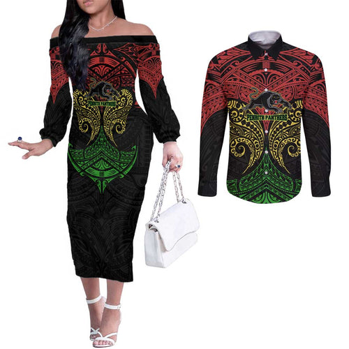 Personalized Penrith Panthers Couples Matching Off The Shoulder Long Sleeve Dress and Long Sleeve Button Shirt Polynesian Tribal Pattern Style