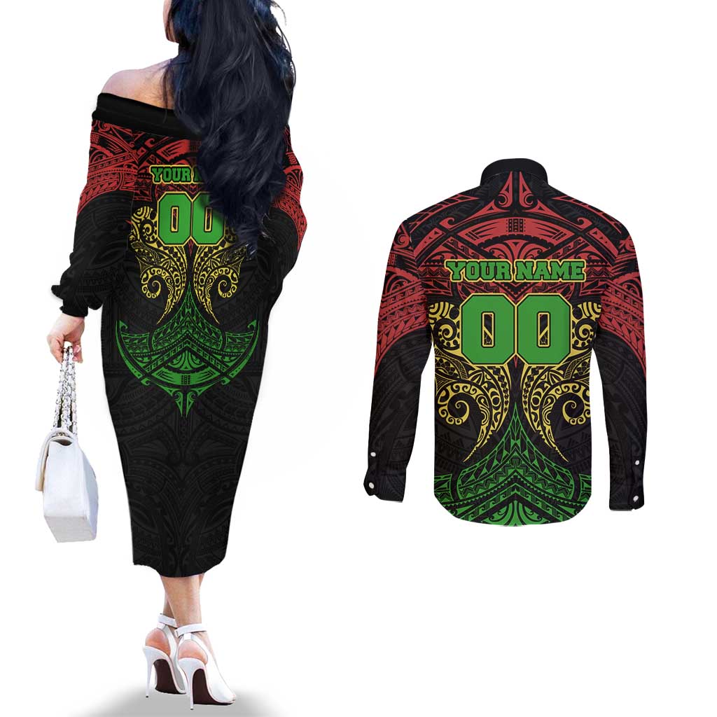Personalized Penrith Panthers Couples Matching Off The Shoulder Long Sleeve Dress and Long Sleeve Button Shirt Polynesian Tribal Pattern Style