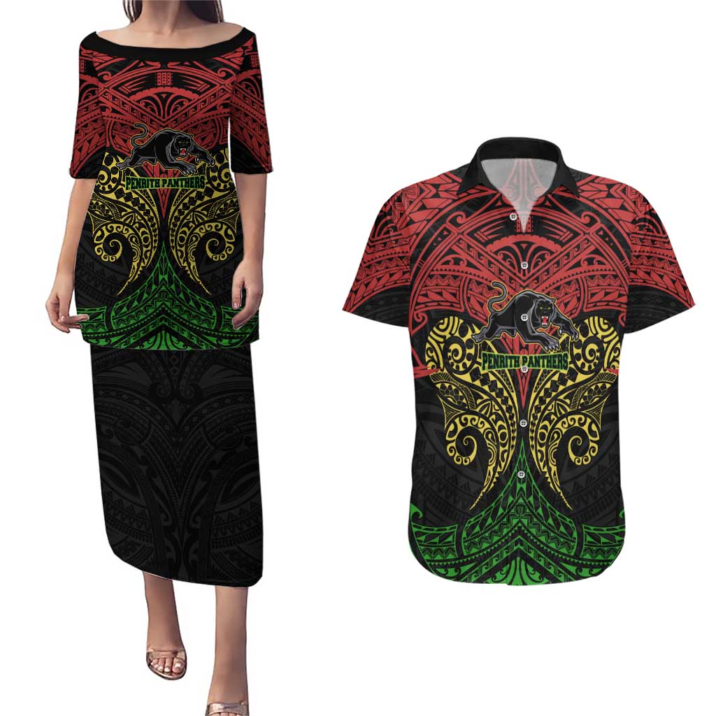 Personalized Penrith Panthers Couples Matching Puletasi and Hawaiian Shirt Polynesian Tribal Pattern Style