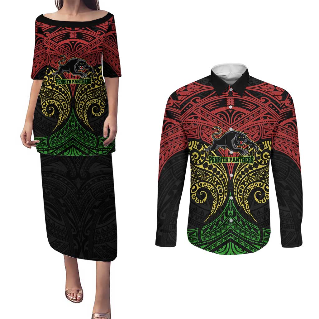 Personalized Penrith Panthers Couples Matching Puletasi and Long Sleeve Button Shirt Polynesian Tribal Pattern Style