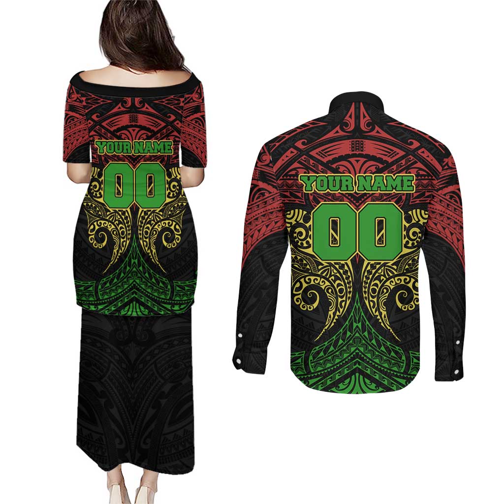 Personalized Penrith Panthers Couples Matching Puletasi and Long Sleeve Button Shirt Polynesian Tribal Pattern Style