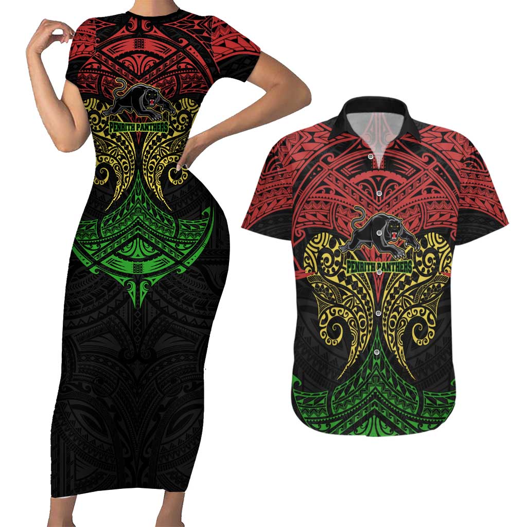 Personalized Penrith Panthers Couples Matching Short Sleeve Bodycon Dress and Hawaiian Shirt Polynesian Tribal Pattern Style