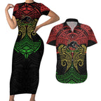Personalized Penrith Panthers Couples Matching Short Sleeve Bodycon Dress and Hawaiian Shirt Polynesian Tribal Pattern Style