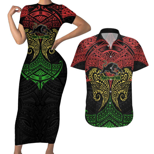 Personalized Penrith Panthers Couples Matching Short Sleeve Bodycon Dress and Hawaiian Shirt Polynesian Tribal Pattern Style