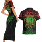 Personalized Penrith Panthers Couples Matching Short Sleeve Bodycon Dress and Hawaiian Shirt Polynesian Tribal Pattern Style