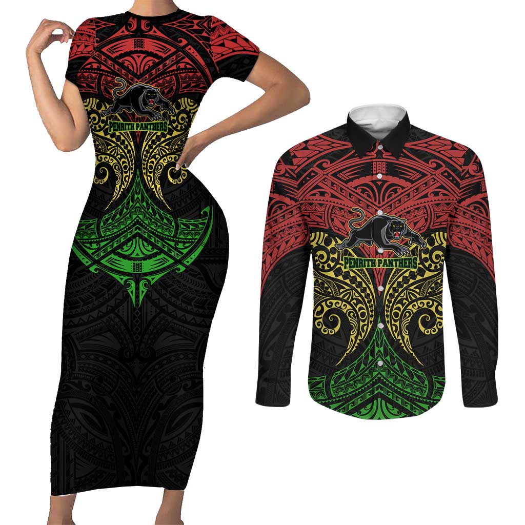 Personalized Penrith Panthers Couples Matching Short Sleeve Bodycon Dress and Long Sleeve Button Shirt Polynesian Tribal Pattern Style