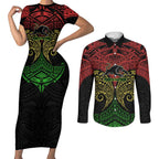 Personalized Penrith Panthers Couples Matching Short Sleeve Bodycon Dress and Long Sleeve Button Shirt Polynesian Tribal Pattern Style