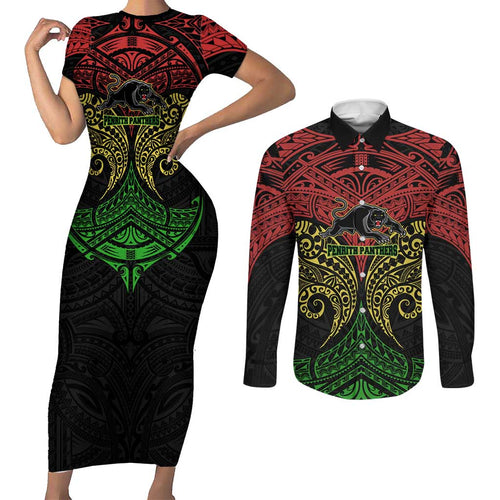 Personalized Penrith Panthers Couples Matching Short Sleeve Bodycon Dress and Long Sleeve Button Shirt Polynesian Tribal Pattern Style