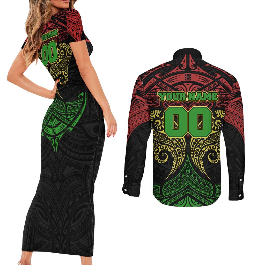 Personalized Penrith Panthers Couples Matching Short Sleeve Bodycon Dress and Long Sleeve Button Shirt Polynesian Tribal Pattern Style