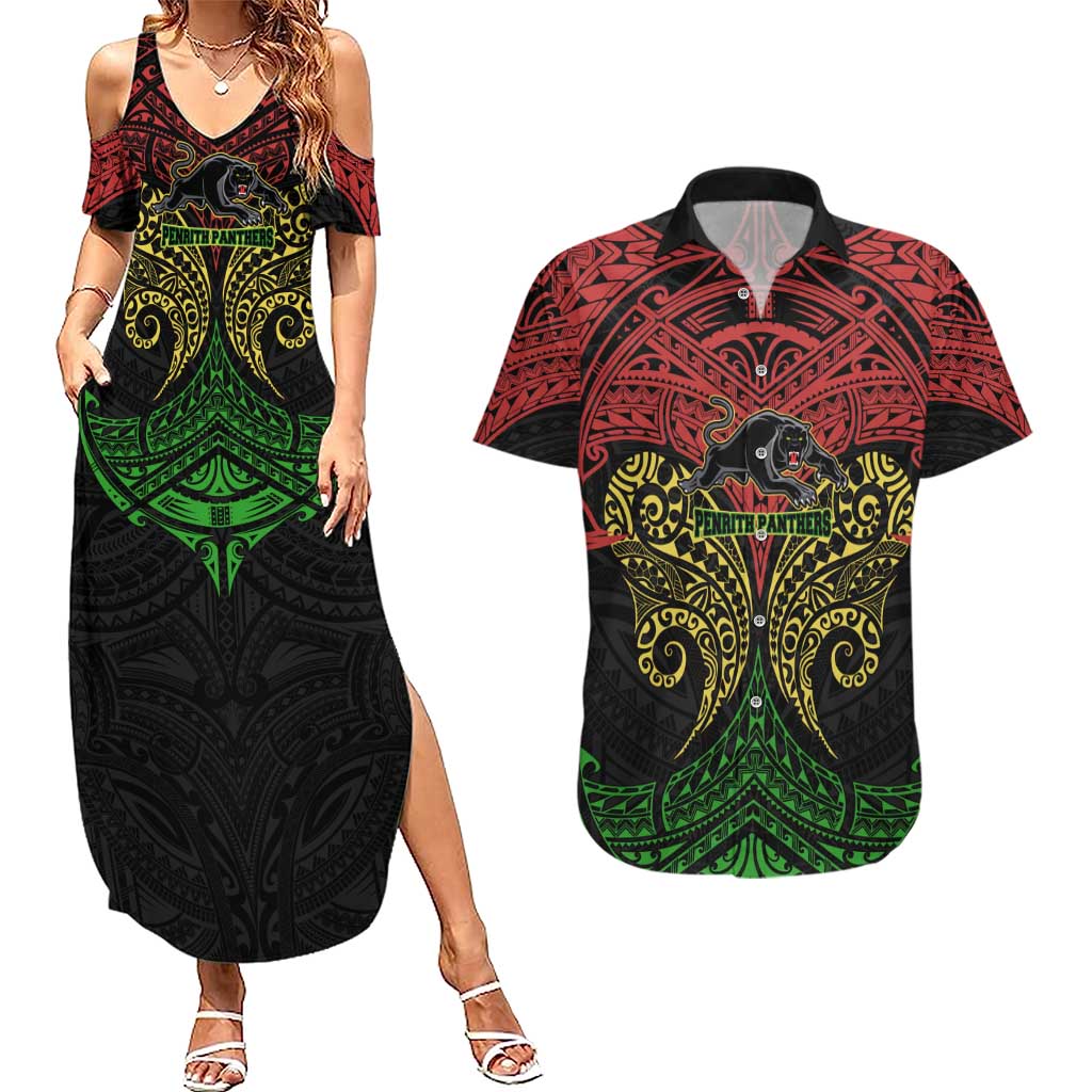 Personalized Penrith Panthers Couples Matching Summer Maxi Dress and Hawaiian Shirt Polynesian Tribal Pattern Style