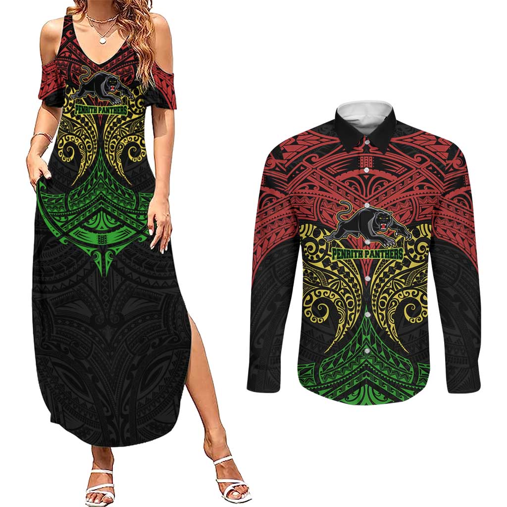 Personalized Penrith Panthers Couples Matching Summer Maxi Dress and Long Sleeve Button Shirt Polynesian Tribal Pattern Style