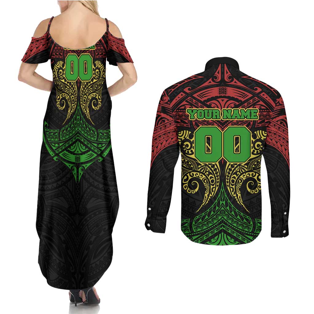 Personalized Penrith Panthers Couples Matching Summer Maxi Dress and Long Sleeve Button Shirt Polynesian Tribal Pattern Style
