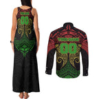 Personalized Penrith Panthers Couples Matching Tank Maxi Dress and Long Sleeve Button Shirt Polynesian Tribal Pattern Style
