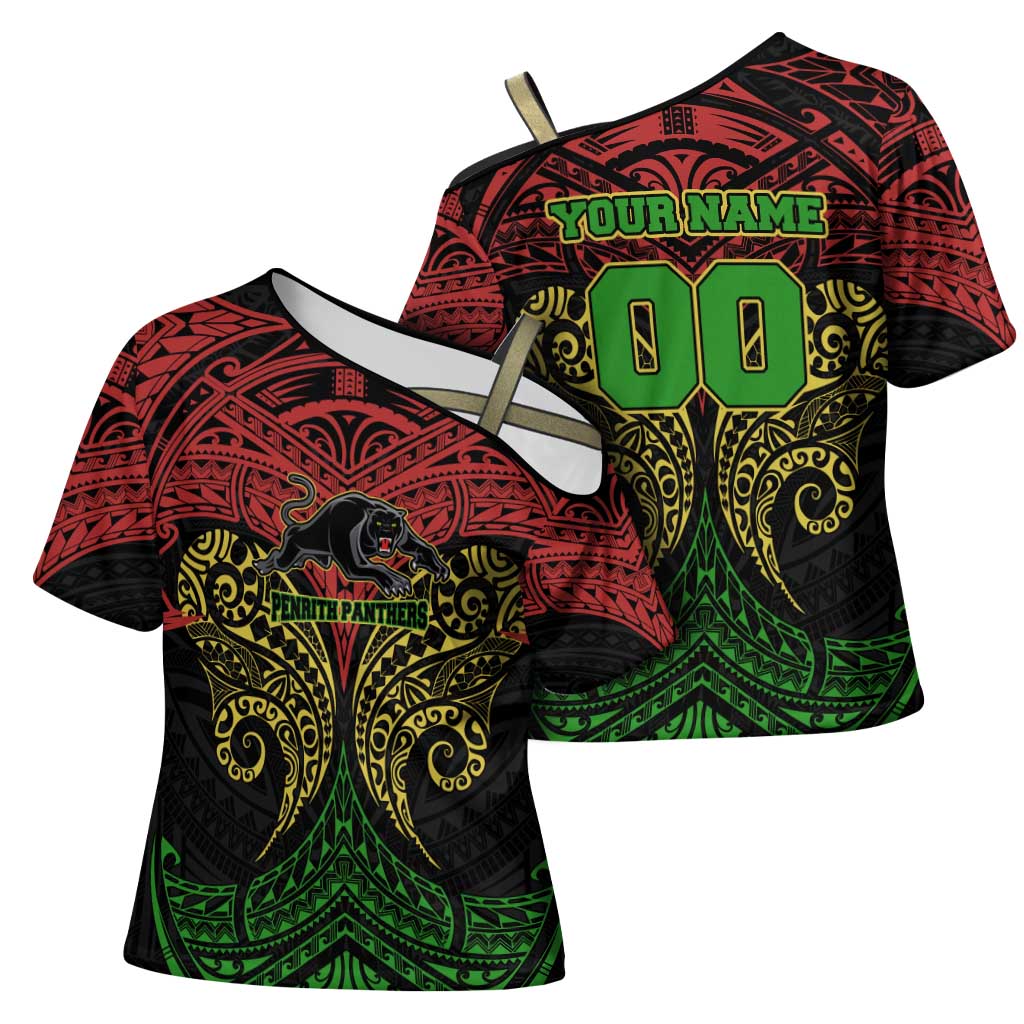 Personalized Penrith Panthers Cross Shoulder Shirt Polynesian Tribal Pattern Style