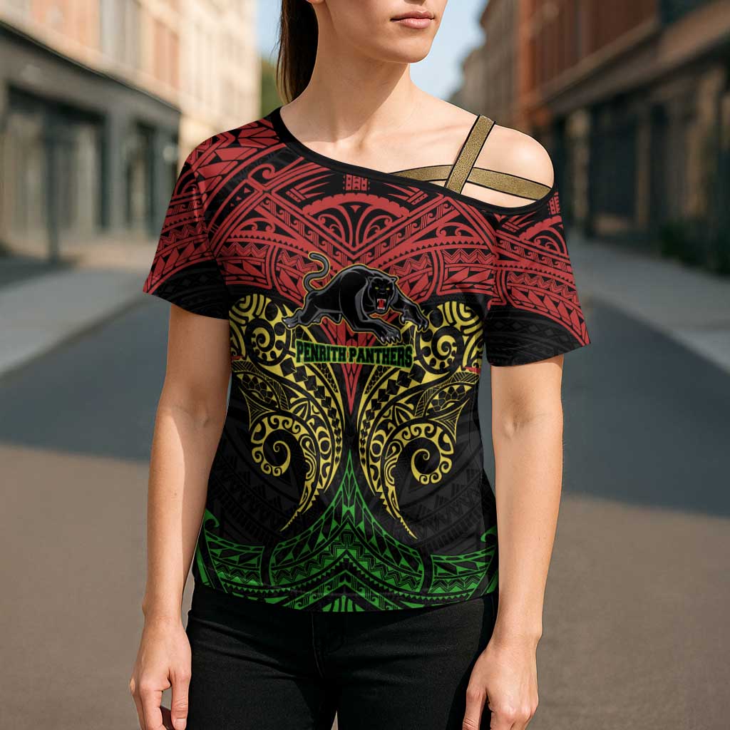 Personalized Penrith Panthers Cross Shoulder Shirt Polynesian Tribal Pattern Style