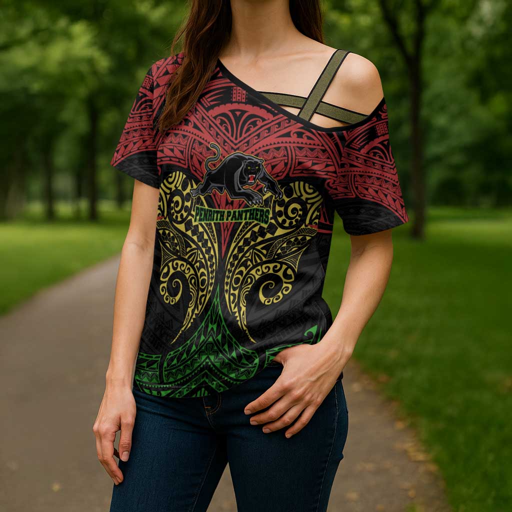 Personalized Penrith Panthers Cross Shoulder Shirt Polynesian Tribal Pattern Style