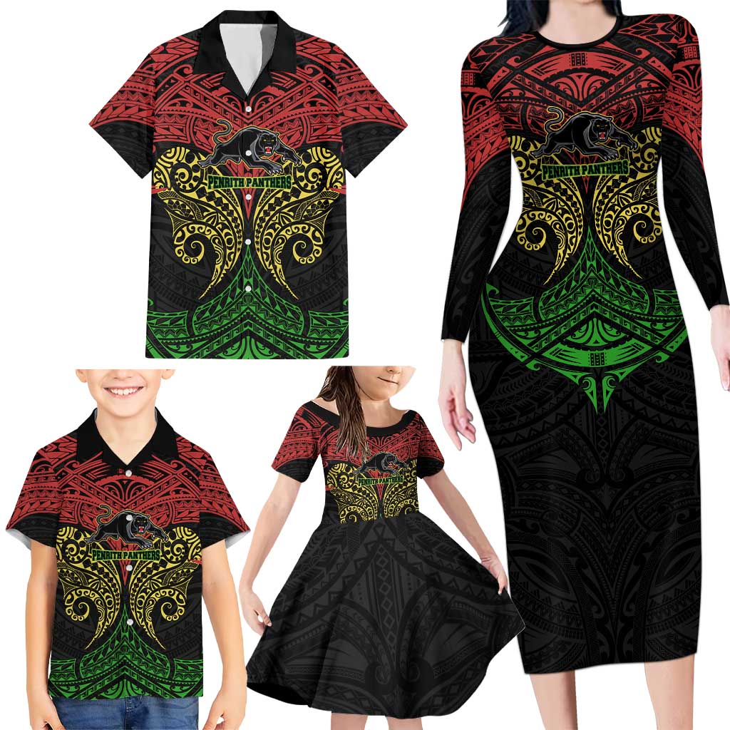 Personalized Penrith Panthers Family Matching Long Sleeve Bodycon Dress and Hawaiian Shirt Polynesian Tribal Pattern Style