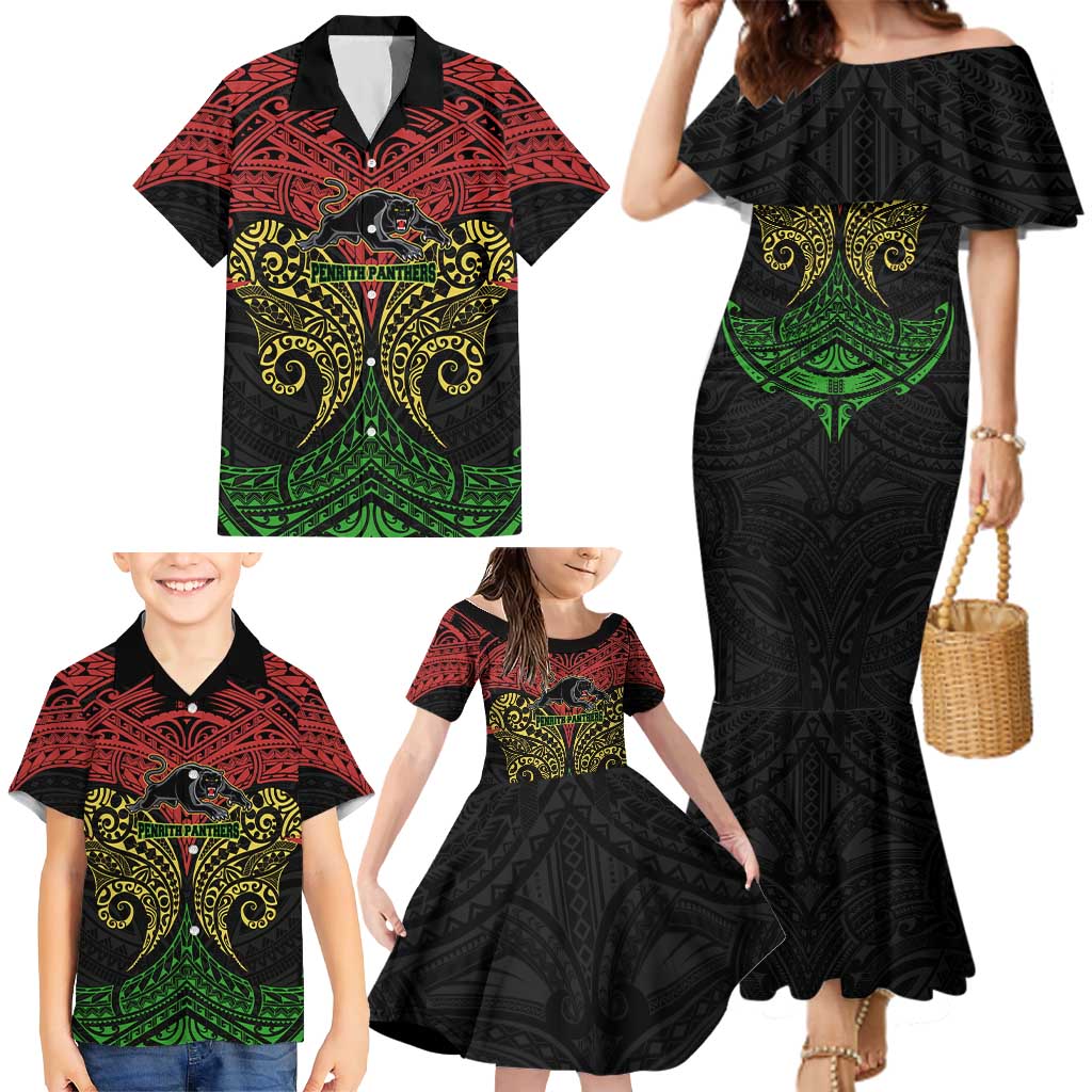 Personalized Penrith Panthers Family Matching Mermaid Dress and Hawaiian Shirt Polynesian Tribal Pattern Style